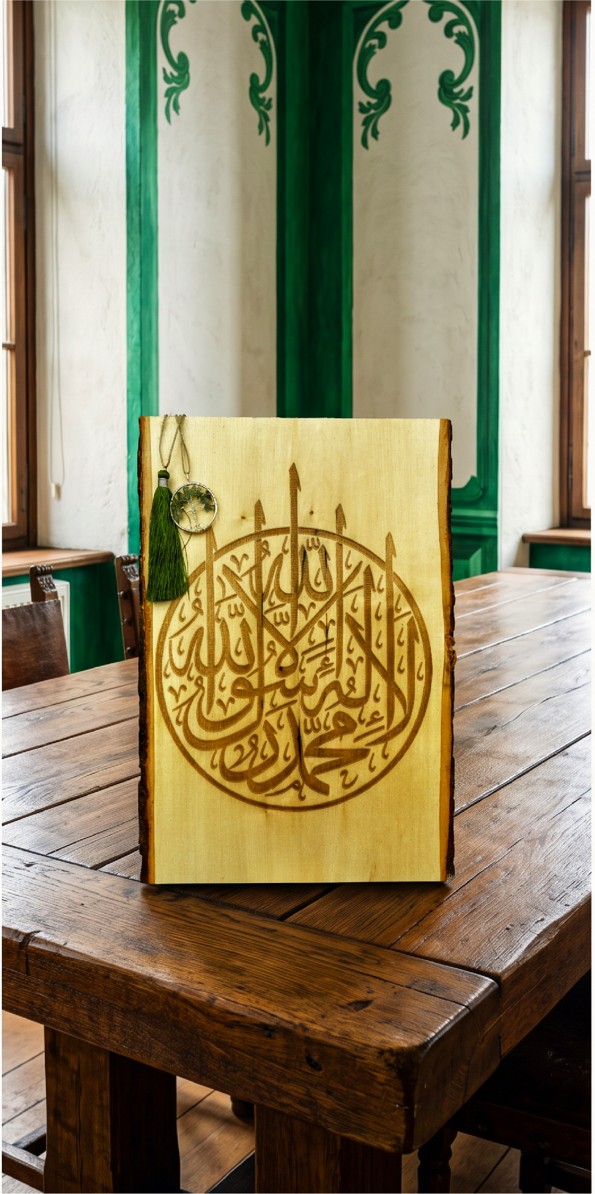 Engraved Basswood "Shahada" Rec "Live Bark Edging" Calligraphy Plaque Art
